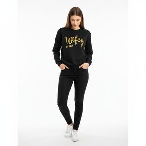 JustHoods Sweatshirt Women's L Black Wifey Est 2020 Gold Print Cozy Newlywed